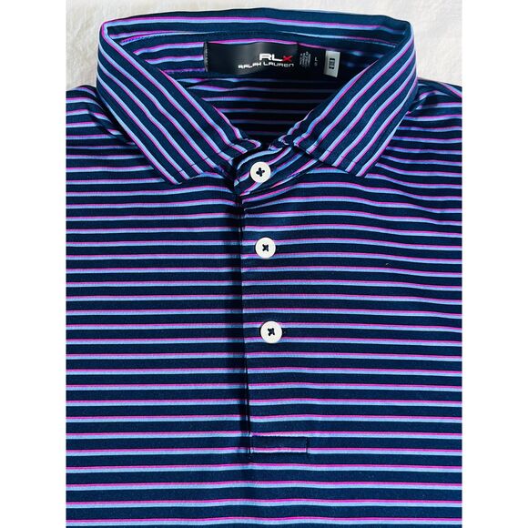 RLX Ralph Lauren Navy Stripe Classic Fit Moisture Wicking Polo Large MSRP $110 - Picture 3 of 8